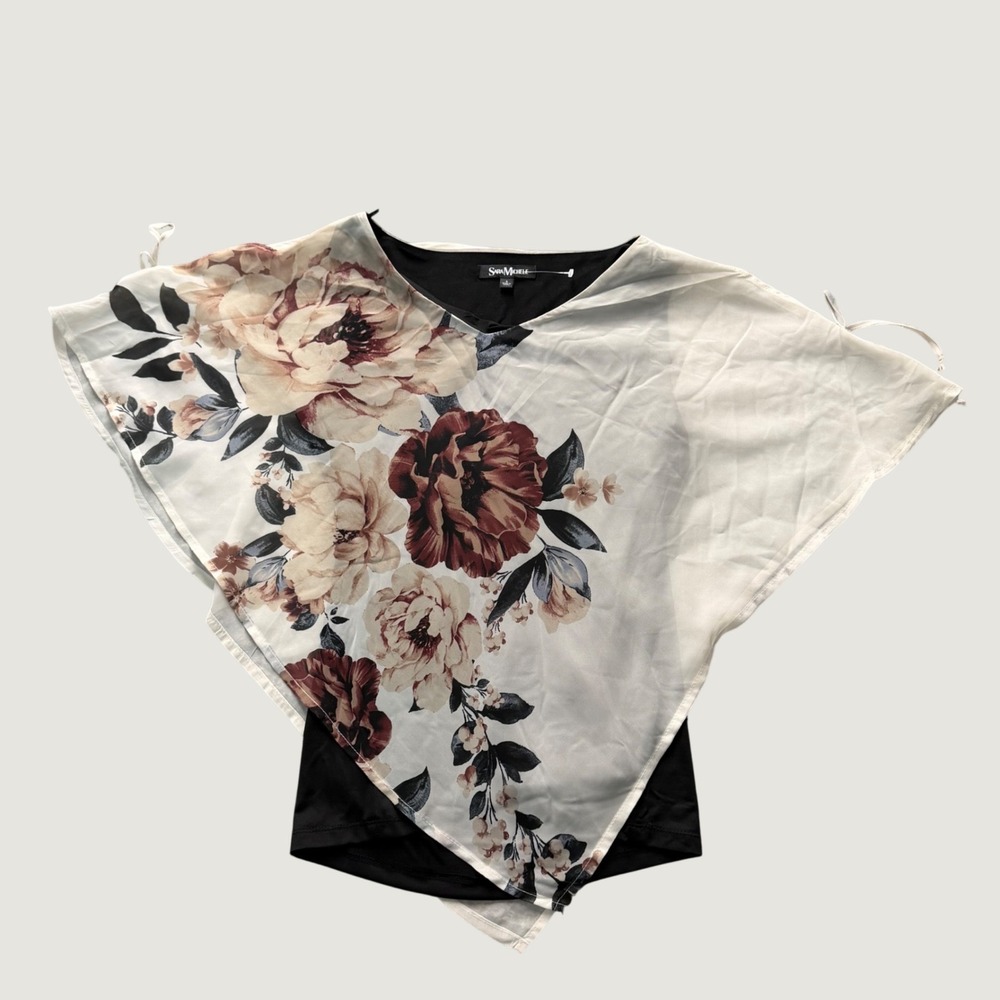 Sara Michelle Floral Layered Top Small Asymmetric Chiffon Overlay Black White